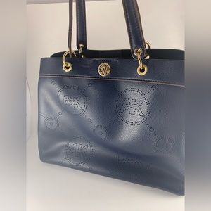 Anne Klein Perf Ring Logo Satchel navy blue with gold finished hardware
